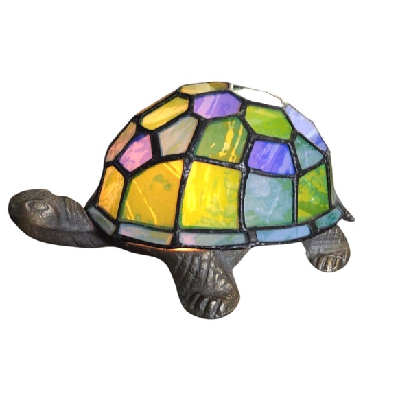 Tiffany Style Stained Glass Brass Turtle Green Blue Touch Night Light - Picture 3 of 6